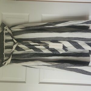 Catherine Malandrino 100% Linen Striped Midi Skirt Sz L Gray Black White Striped